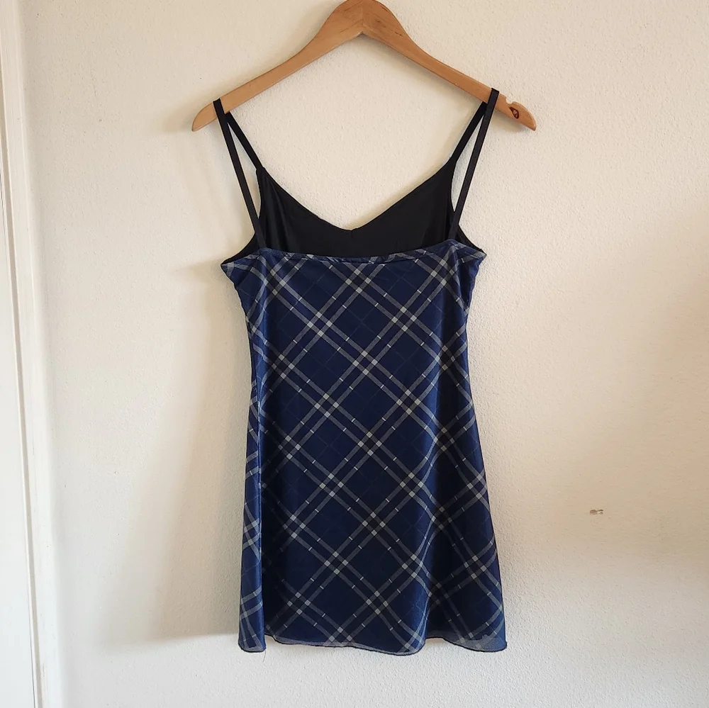 Navy blue and green gridded sleeveless mini dress with bow in the front - Picture 2 of 3